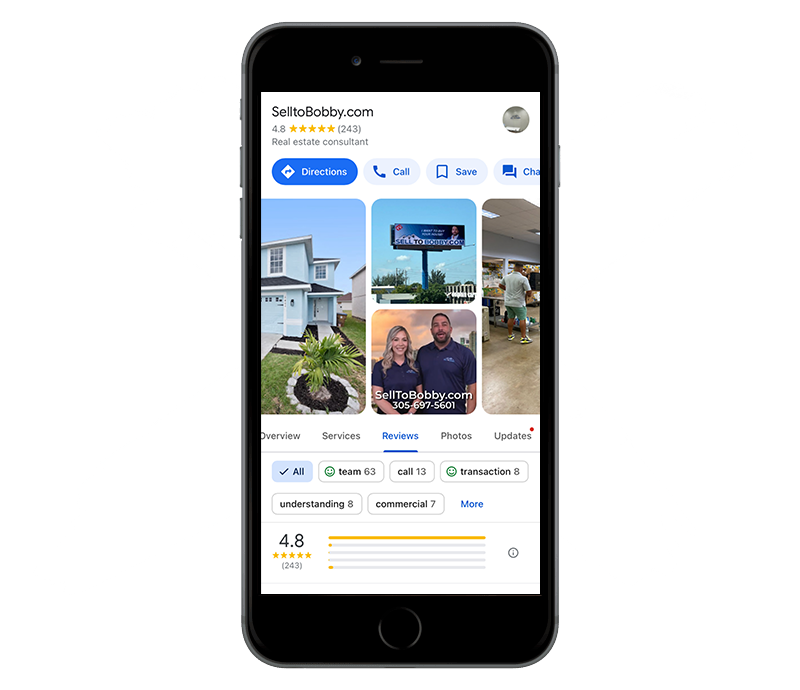sell my house Sell To Bobby app displaying home sale offer and happy homeowners in Islamorada, Florida.